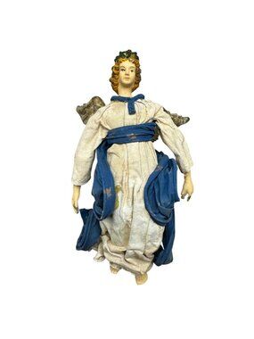 Vintage Angel paper mache fabric Figurines ornament Blue Cream Robes Wings READ